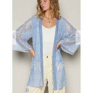 POL Duster Cardigan Women Size Blue Lace Cover Up Floral Crochet Kimono NEW